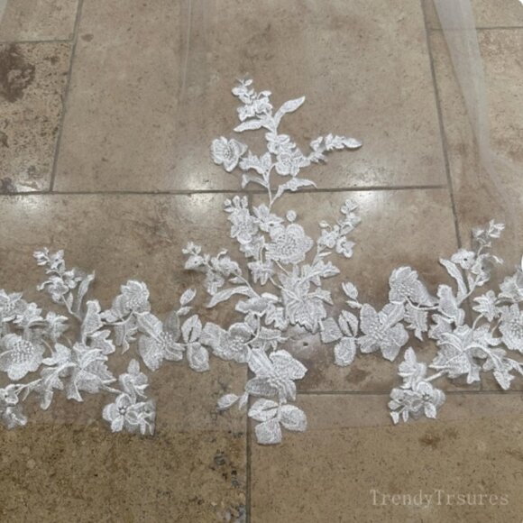 White Blusher Cathedral Drop Veil Scattered Floral Appliques Wedding Veil 2 Tier - Picture 6 of 15